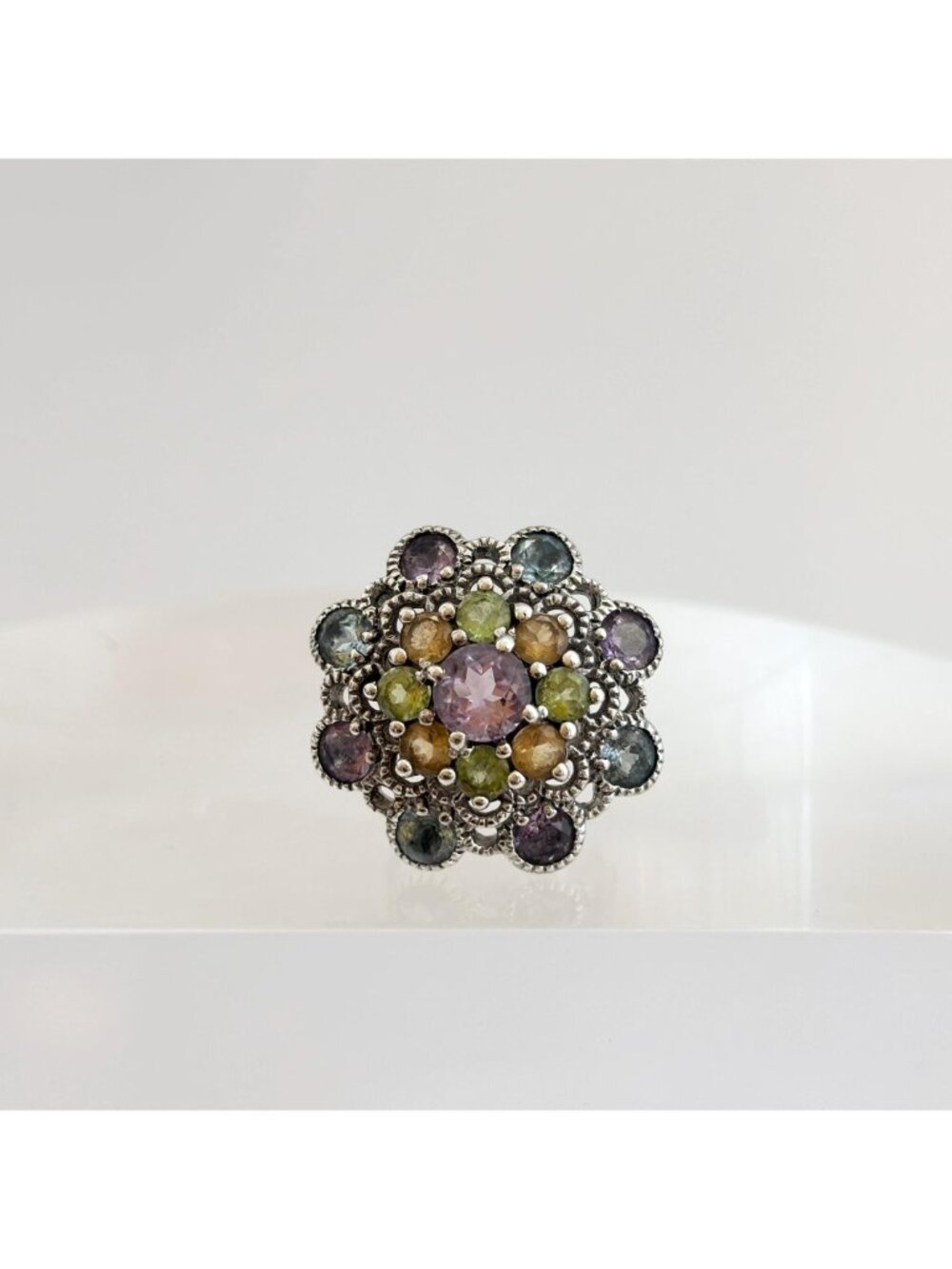 Cluster Rainbow Gemstone Blooming Flower Sterling Silver 925 Vintage Ring - sz 6 - Picture 16 of 16